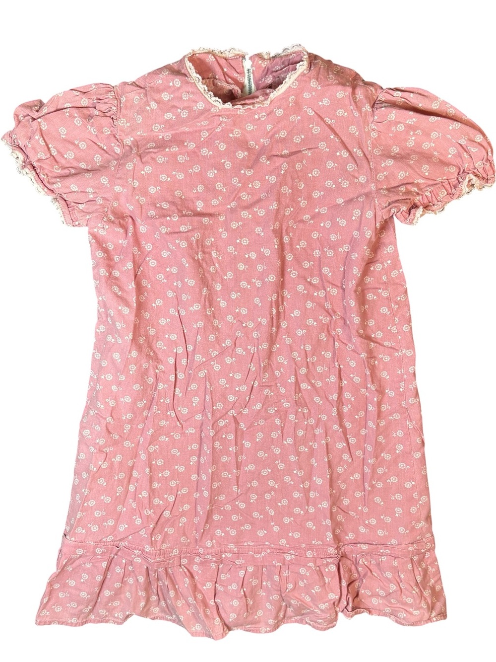 Vintage Pink Floral Prairie Dress Puff Sleeves Lace Trim Girls